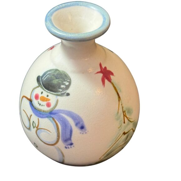 Clouds Folsom Art Pottery Winter Snowman And Christmas Trees Bud Vase Holidays - Picture 3 of 5